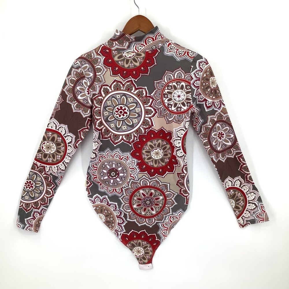 MANGOPOP Women's Bodysuit L Multicolor Mock Neck Long Sleeve Geometric - Picture 2 of 4